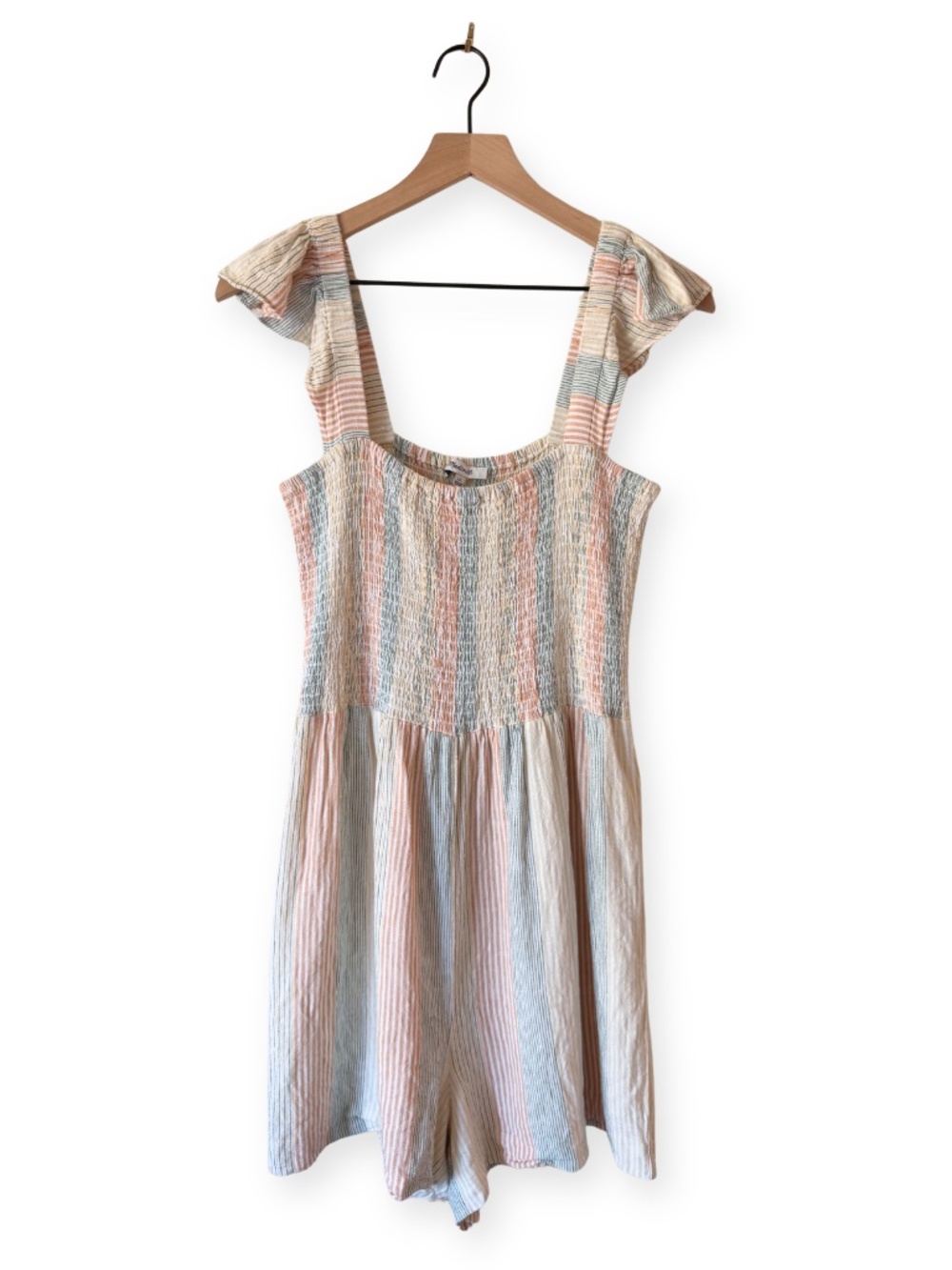 Madewell | Women's 12 | Romper Linen-Blend Lucie Smocked Striped Ruffle Straps